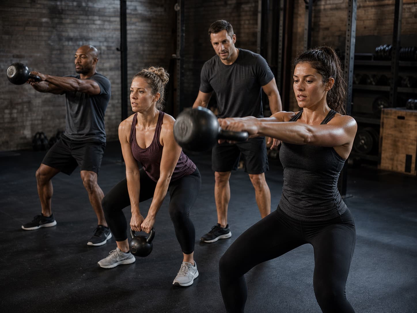 Small group doing kettlebell exercises