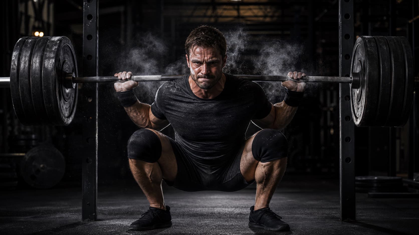 Athlete performing a heavy barbell squat