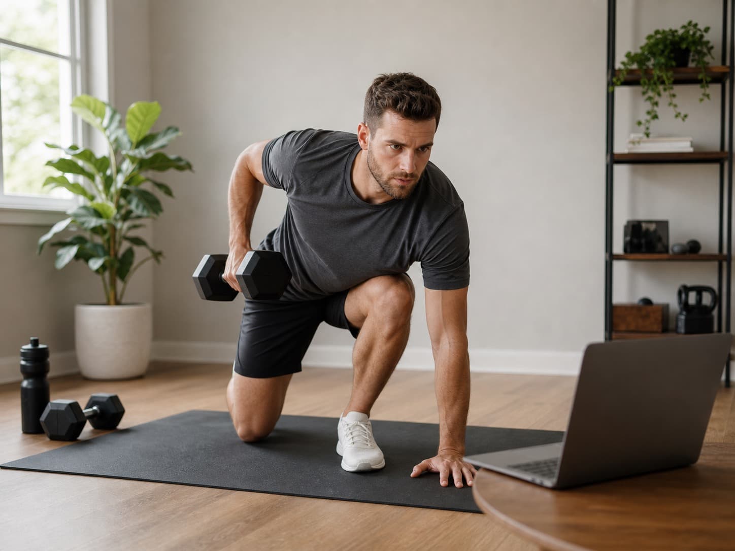 Client following an online workout at home