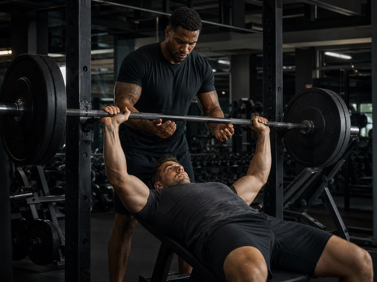 Trainer spotting a client on bench press